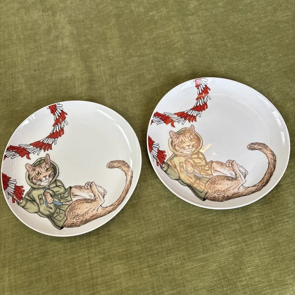 West Elm Rachel Kozlowski Dapper Animal Holiday‎ Cat Set Of 2 Salad Plates 8.5